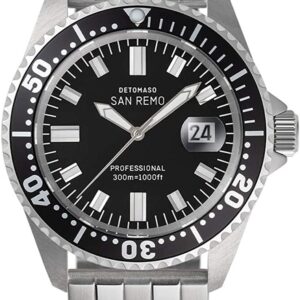 DETOMASO SAN REMO Herren-Taucheruhr Automatik Analog silbernes Edelstahl-Gehäuse silbernes Edelstahlarmband schwarzes Zifferblatt D05-01-01