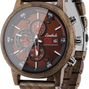 Emibele Holzuhr Herren,Kalender Chronograph Armbanduhr, Herrenuhr mit Holzarmband Leuchtende wasserdichte Uhr mit verstellbarem Armband 3…