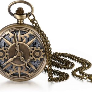 JewelryWe Taschenuhr Herren Retro Zahnrad Kettenuhr Analog Quarz Uhr mit Halskette Kette Pocket Watch Geschenk für Männer Frau