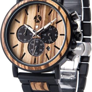 Kim Johanson Herren Holz-Edelstahl Armbanduhr *Military* in Hellbraun Chronograph mit Stoppuhr & einem Gliederarmband Handgefertigt Quarz Analog…