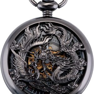 ManChDa Retro Taschenuhr Herren mit Kette analog Handaufzug Drache Phönix Skelett Römische