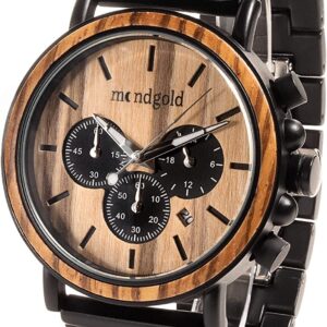 Mondgold Holzuhr, Analoge Quartz Uhr mit Aufbewahrungsbox als Geschenkset