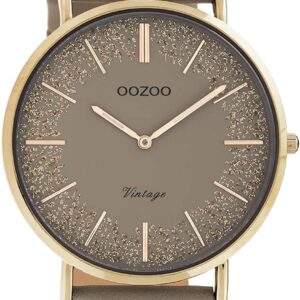 Oozoo Vintage Flache Damenuhr mit Lederband Glitter Line mit Glitzer Elementen im Zifferblatt 40 MM