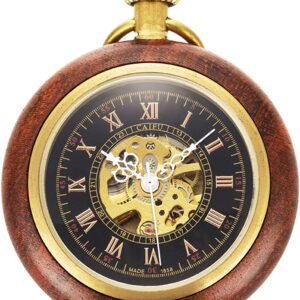 Taschenuhr – ManChDa Unisex Holz Taschenuhr mit Kette Analog Handaufzug Skelett Römische Ziffern Taschenuhren + Geschenk-Box