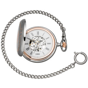 Taschenuhr Skelett mit Kette Handaufzug bicolor 2 Sprung-Deckel