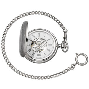 Taschenuhr Skelett mit Kette Handaufzug verchromt 2 Sprung-Deckel