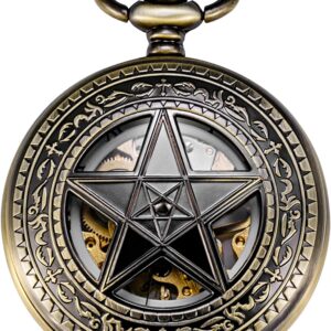 TREEWETO Taschenuhr mit Kette Herren Analog Handaufzug Retro Pentagramm Skelett Bronze