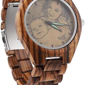 WFhome Custom Gravierte Holzuhren für Herren. Doppelseitige Gravur für Bild und Text für personalisiertes Vatertagsgeschenk