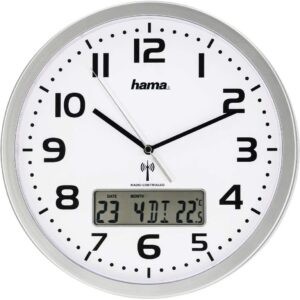 Hama Funk-Wanduhr digital (große Funkuhr mit analoger Zeitanzeige, Wanduhr mit digitaler Kalender- und Temperaturanzeige, inkl. Batterie) silber