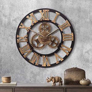 Lafocuse Holz Wanduhr Industrial Gold, Lautlos Wanduhr Vintage Groß 60 cm XXL, Zahnrad Wanduhr Römische Ziffern Steampunk Gross für Wohnzimmer Küche