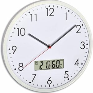 TFA Dostmann Analoge Wanduhr mit digitalem Thermometer und Hygrometer, zur Raumklimakontrolle, Glas, Weiß, Ø 302 x H 47 mm
