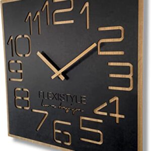 Wanduhr groß holzoptik Holz Digits ECO, quadratisch Stille, Wohnzimmer, Schlafzimmer , Made in EU (Schwarz, 60 cm)