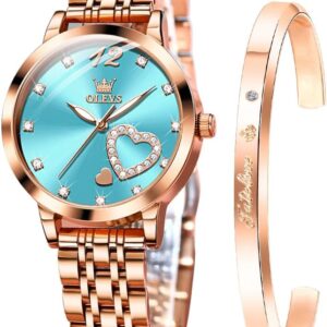 OLEVS Damenuhr Geschenke Set mit Diamant Herzform Armband Roségold für Damen Weiblich Wasserdicht Analoge Quarz-Armbanduhren